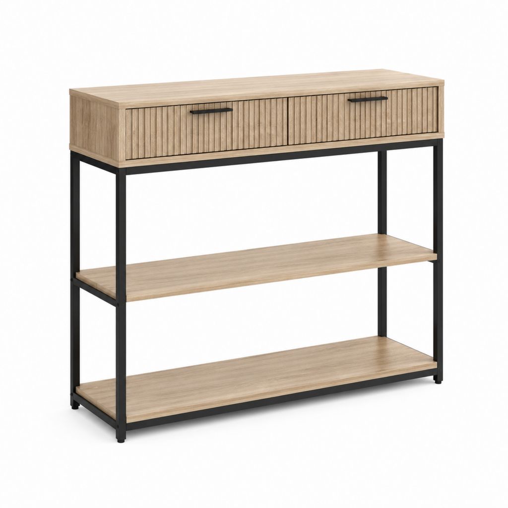 Consolle ingresso con 2 cassetti e 2 ripiani rovere chiaro e nero in truciolare e acciaio 100 x 35 x 100 cm