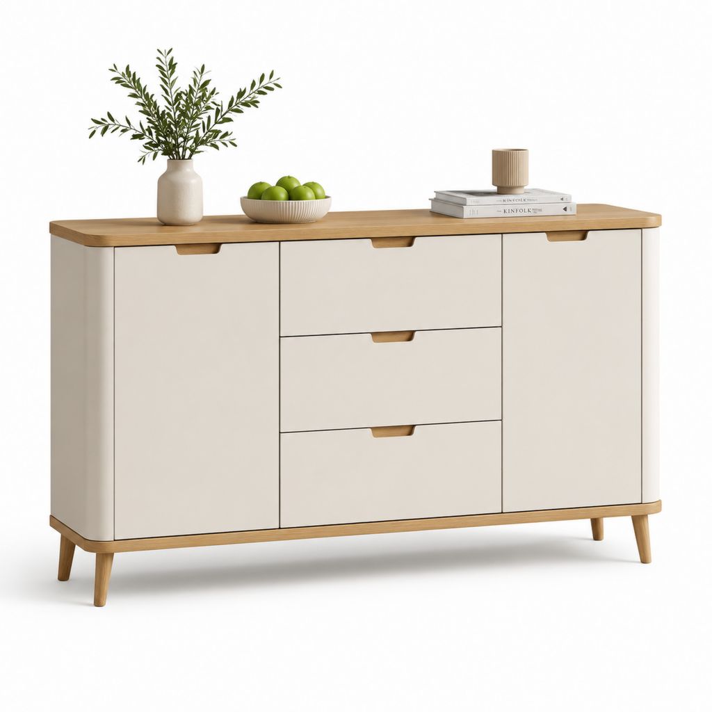 Credenza da sala da pranzo crema e rovere in MDF rettangolare con 3 cassetti e 2 ante 140 x 40 x 85 cm