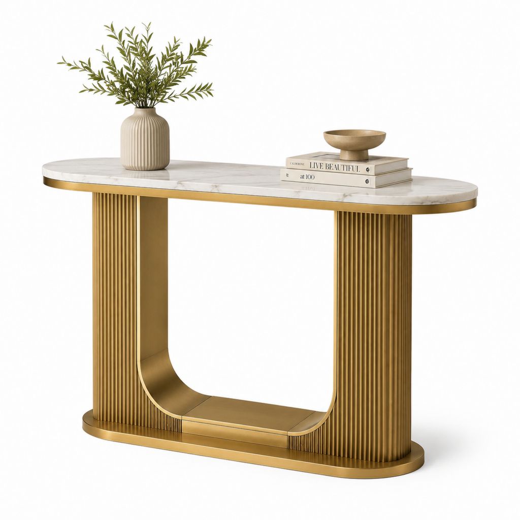 Consolle da ingresso ovale bianca e oro in pietra sinterizzata e acciaio inox 120 x 40 x 80 cm