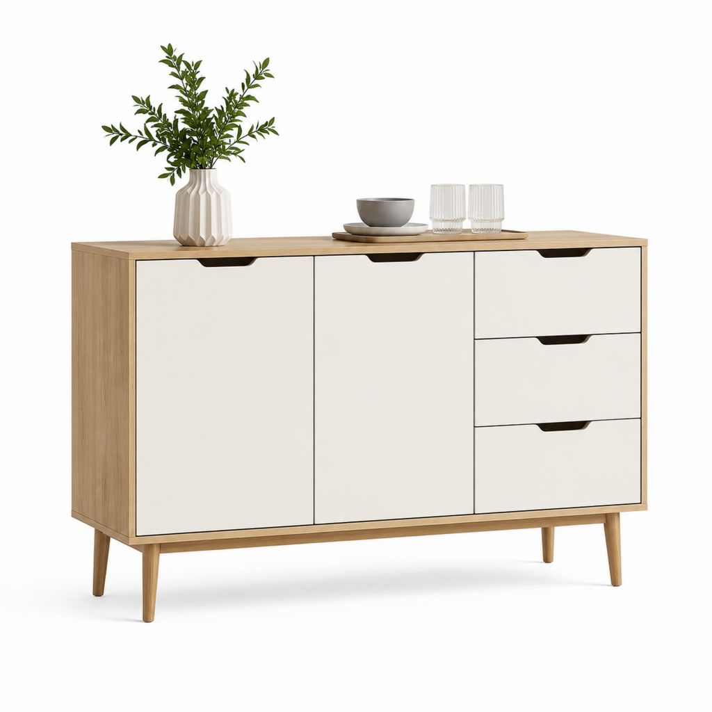 Credenza da pranzo 2 ante 3 cassetti bianco e rovere 140 x 40 x 85 cm