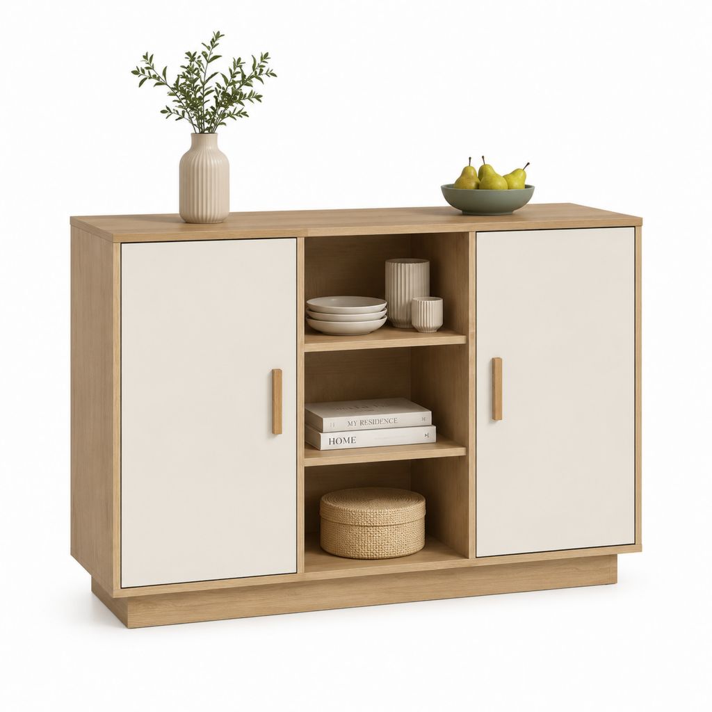 Credenza da sala da pranzo rovere chiaro e beige in pannelli truciolari 120 x 40 x 90 cm con 2 ante e 3 vani