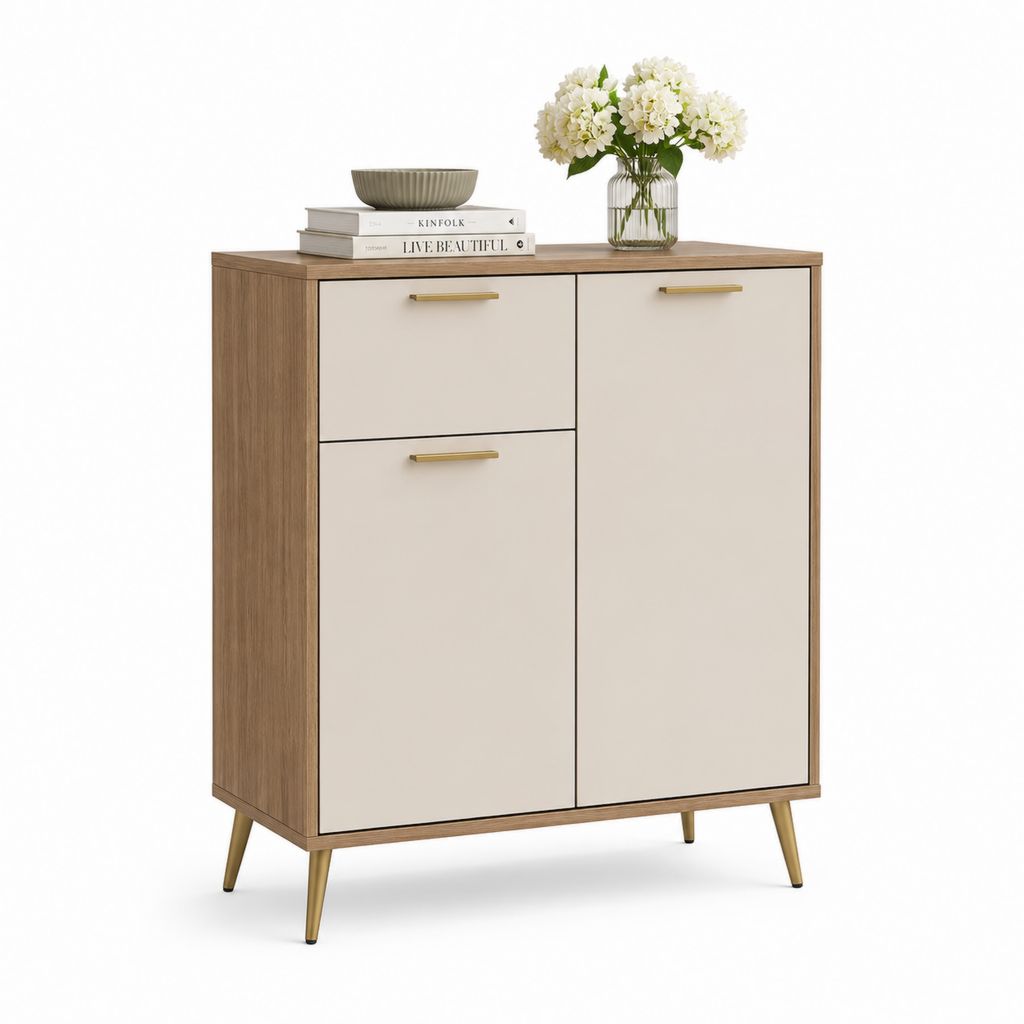 Credenza con 2 ante e cassetto beige e rovere in pannelli di truciolare 90 x 40 x 100 cm