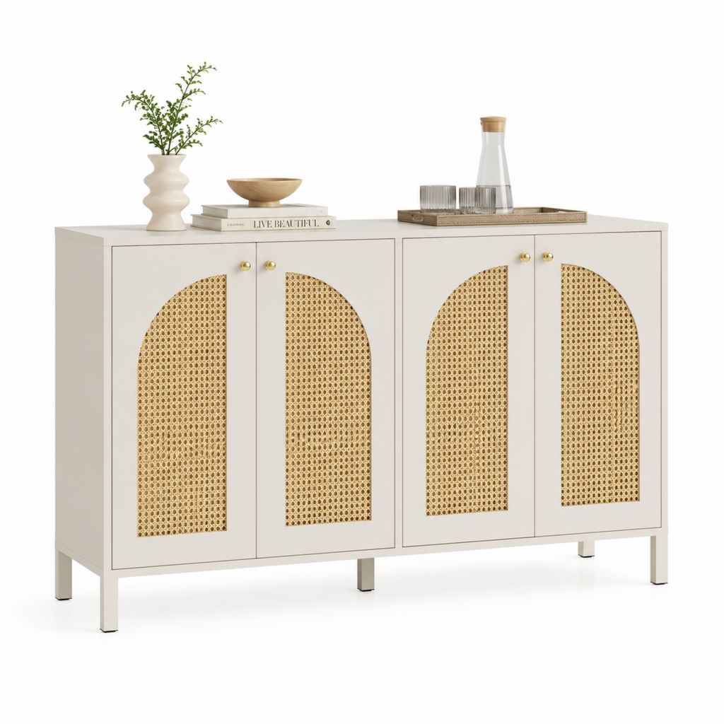 Credenza 4 ante beige in MDF e rattan naturale 160 x 40 x 90 cm