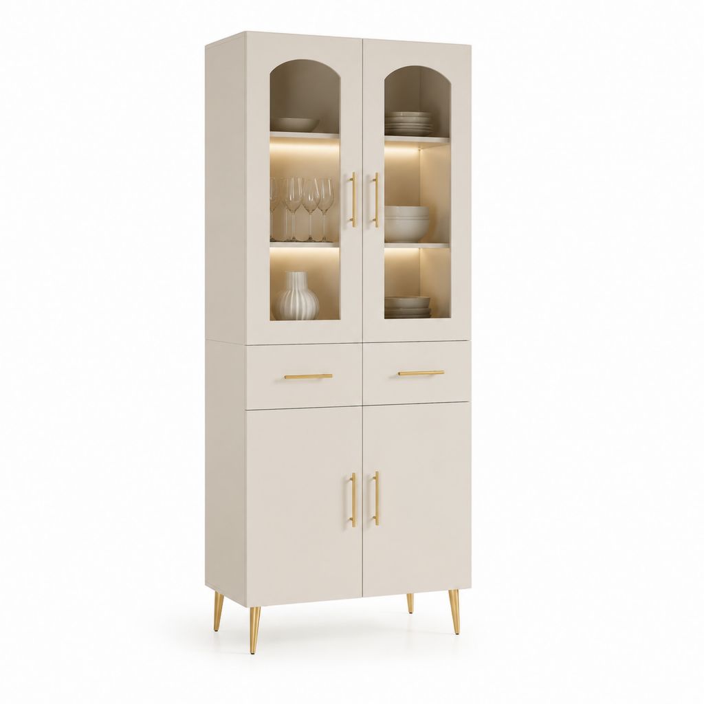 Vetrina da soggiorno beige in MDF con ante in vetro 80 x 40 x 190 cm