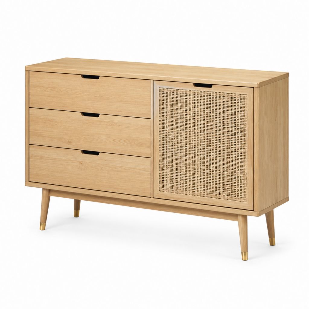 Credenza con 3 cassetti e anta in rovere e rattan rettangolare 120 x 40 x 80 cm
