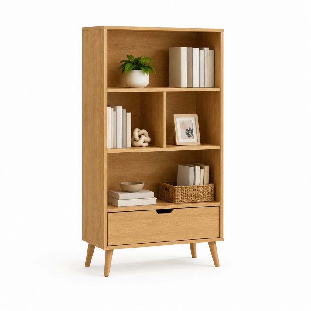 Libreria a giorno con cassetto rovere naturale in MDF rettangolare 80 x 30 x 180 cm