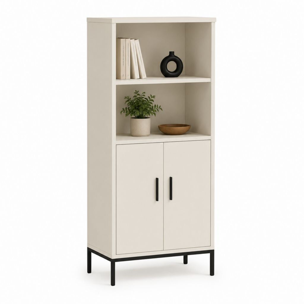 Credenza alta rettangolare avorio in MDF con ripiani aperti e ante 80 x 40 x 180 cm