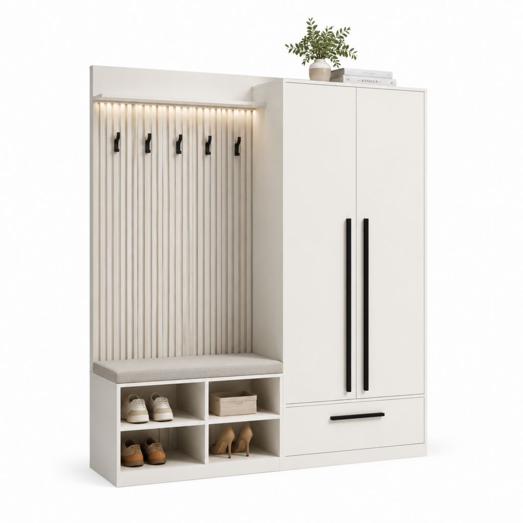 Mobile ingresso con armadio appendiabiti panca e scarpiera bianco in pannello truciolare 160 x 40 x 200 cm