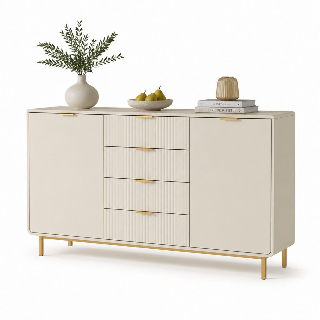 Credenza da sala da pranzo avorio in MDF 160 x 40 x 85 cm con 2 ante e 4 cassetti