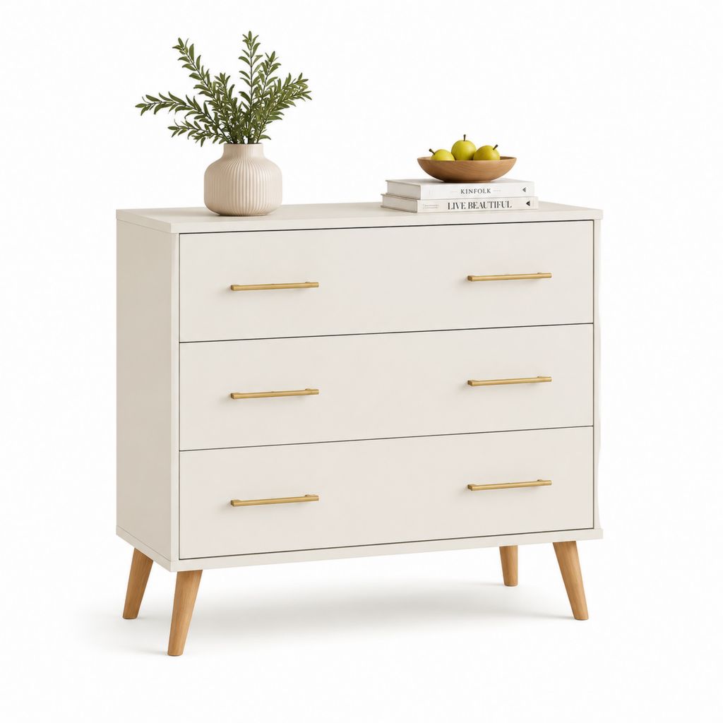 Credenza a 3 cassetti bianca in MDF rettangolare 120 x 40 x 85 cm con gambe in legno massello