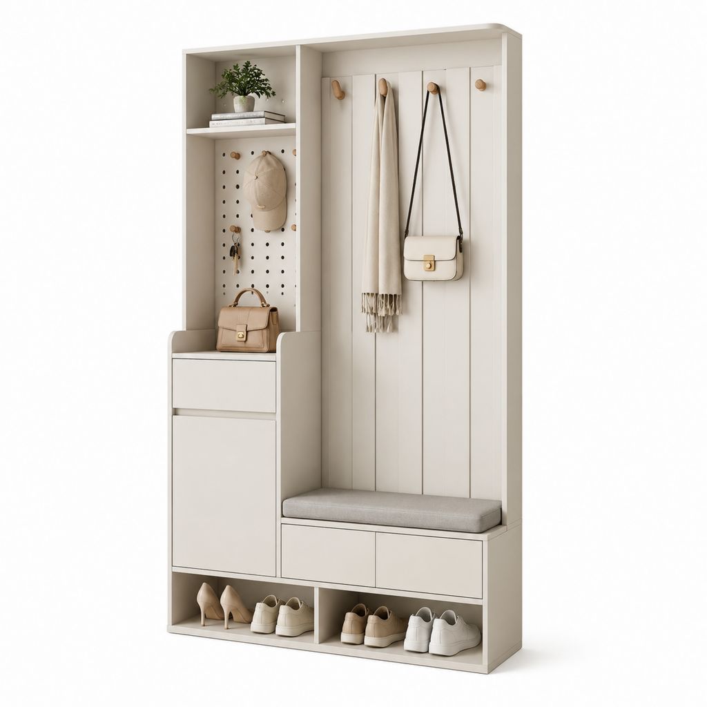 Mobile da ingresso con panca appendiabiti e scarpiera bianco in MDF 120 x 35 x 200 cm