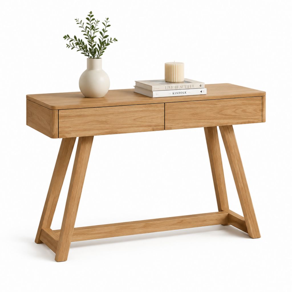 Consolle ingresso rettangolare in MDF impiallacciato rovere naturale con 2 cassetti 120 x 40 x 75 cm