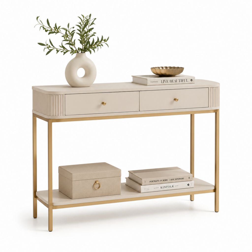 Consolle da ingresso beige con 2 cassetti ripiano inferiore e struttura in acciaio 120 x 35 x 80 cm
