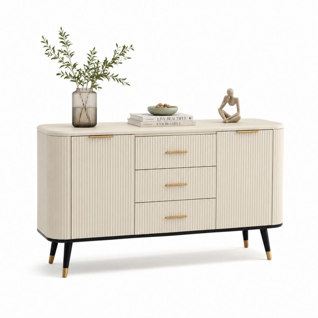 Credenza da soggiorno rettangolare avorio in MDF 160 x 40 x 85 cm con 2 ante e 3 cassetti