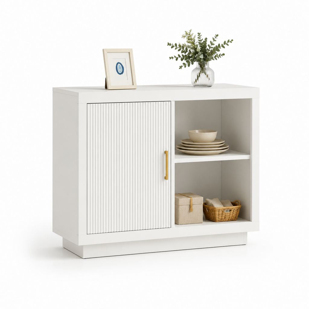 Credenza da sala da pranzo bianca in MDF con anta scanalata e ripiani aperti 100 x 40 x 90 cm