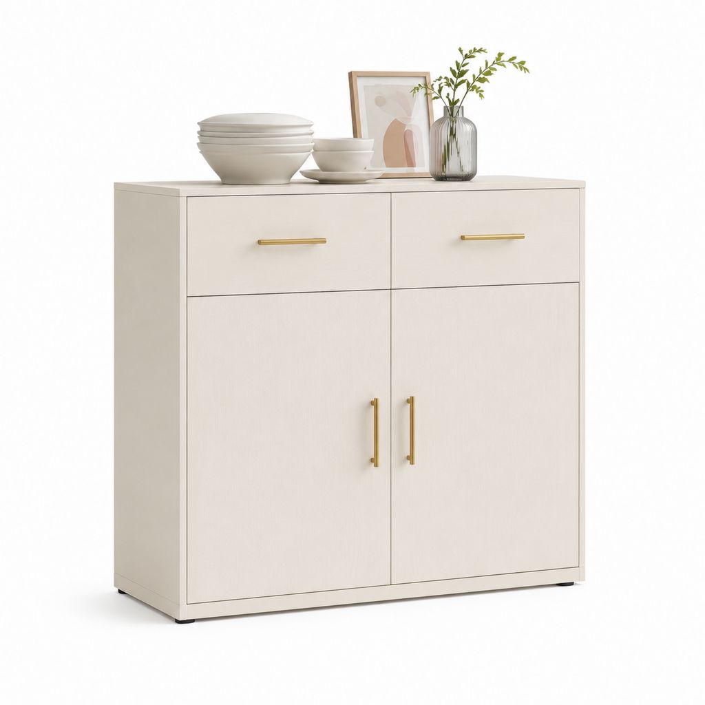 Credenza da sala da pranzo bianco avorio in truciolare nobilitato con 2 ante 2 cassetti 120 x 40 x 100 cm