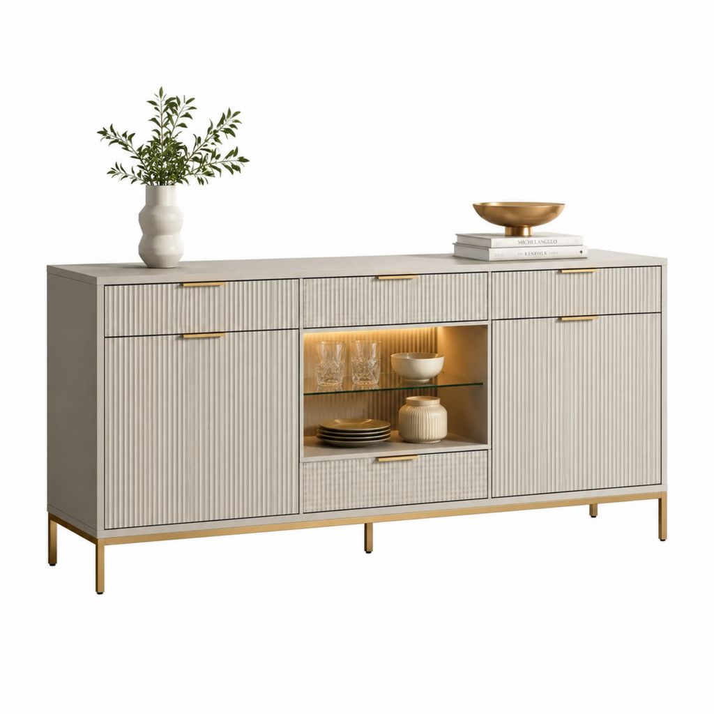 Credenza da sala da pranzo crema in MDF con LED e gambe dorate 160 x 40 x 85 cm
