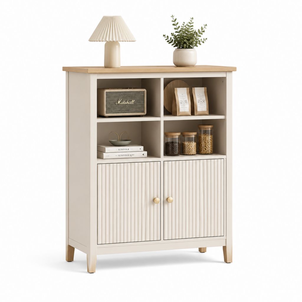 Credenza alta da sala da pranzo beige in MDF con ante scanalate 80 x 40 x 110 cm