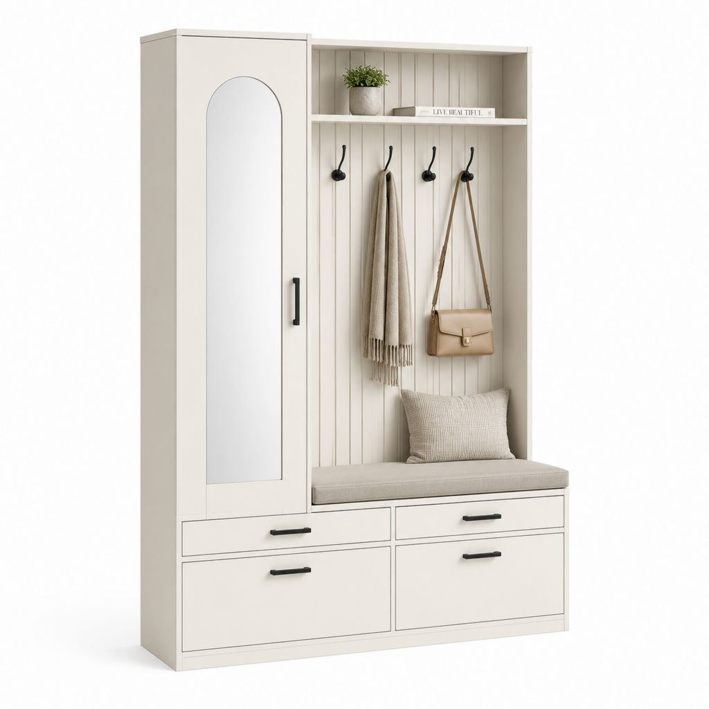 Mobile ingresso con guardaroba specchio appendiabiti e cassetti bianco in MDF rettangolare 120 x 40 x 190 cm