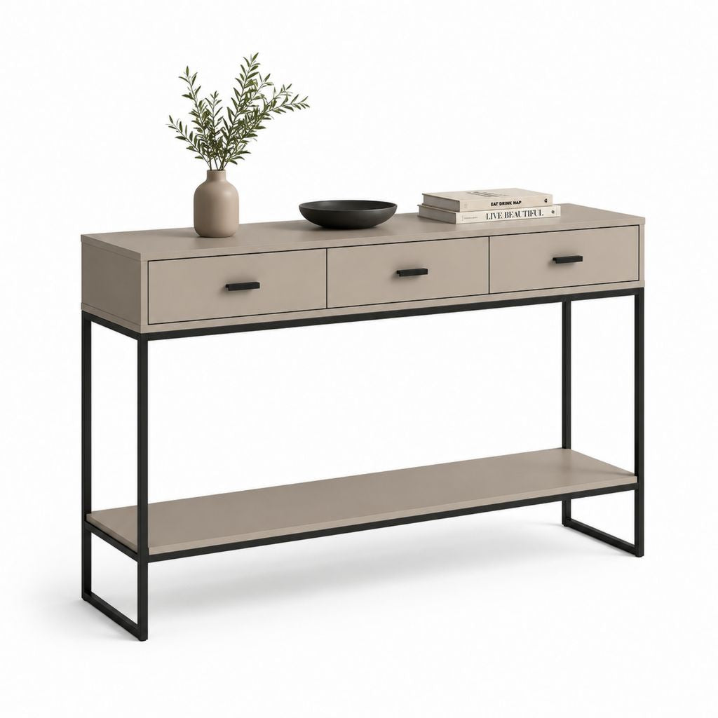 Consolle da ingresso con 3 cassetti tortora in MDF e acciaio 120 x 35 x 80 cm