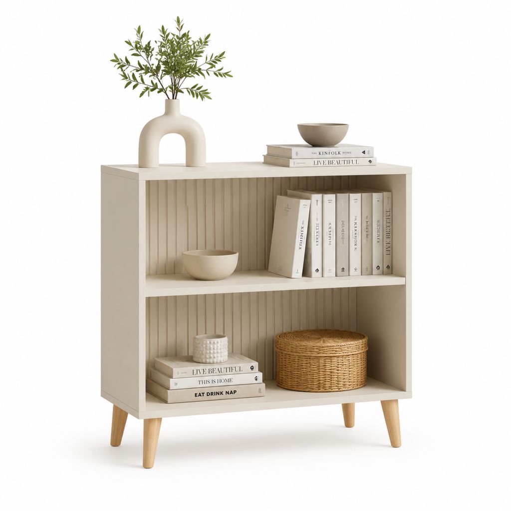 Credenza a giorno beige in pannelli di particelle con gambe in legno massello 80 x 35 x 90 cm